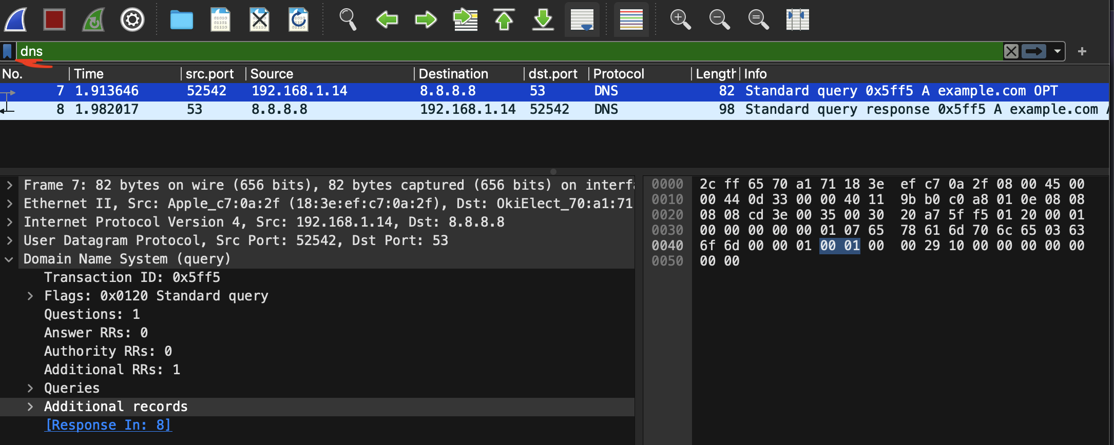 wireshark filtering screenshot